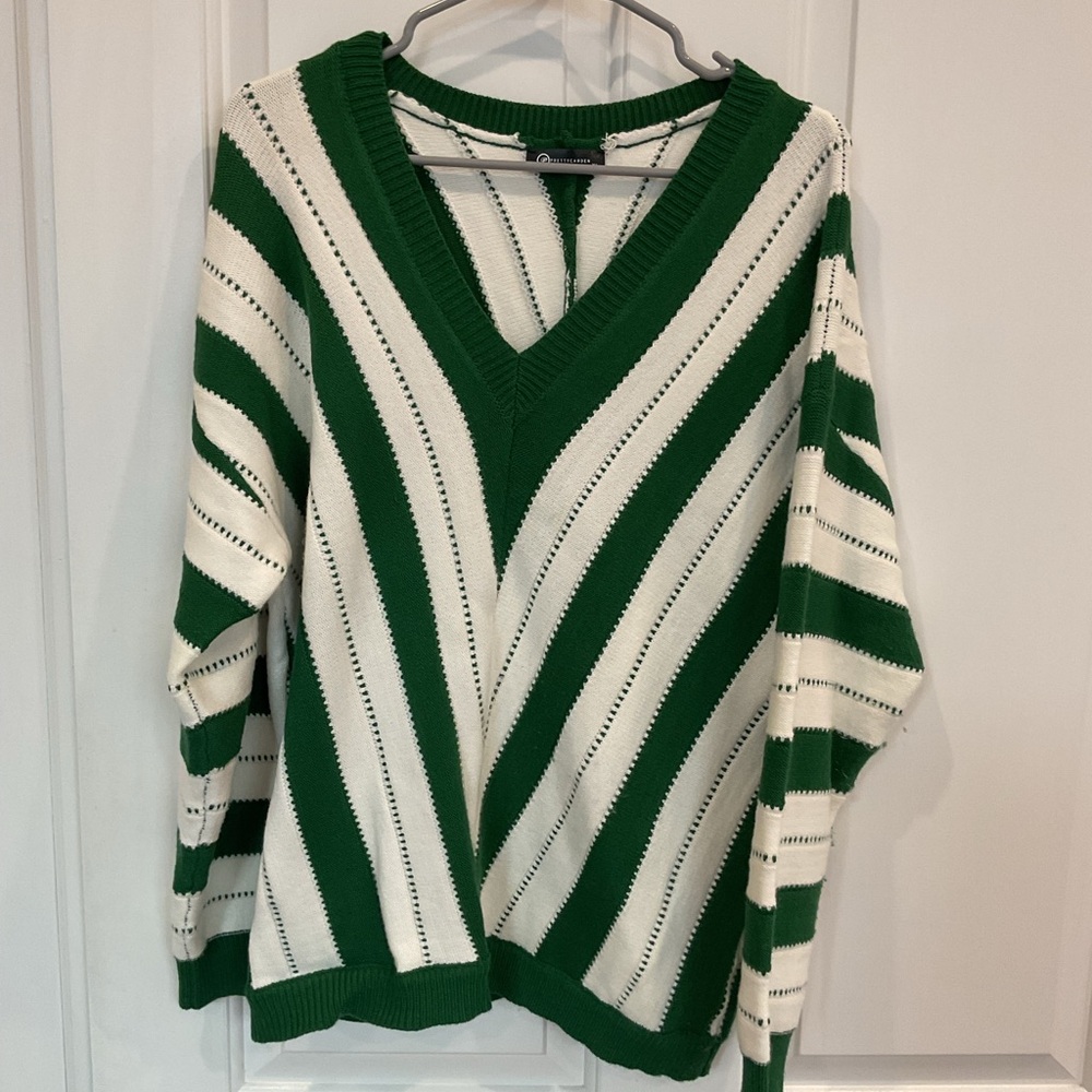 Green and White Striped V-Neck Sweater